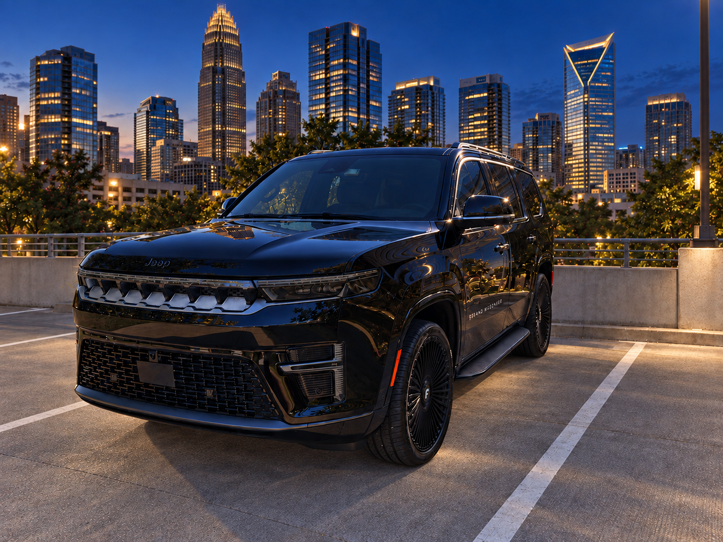 Front view of EMU Group's black Grand Wagoneer in Charlotte